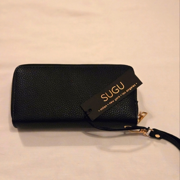 SUGU Double Zipper Distressed Vagan Leather Purse Around Wristlet Wallet Black - Picture 1 of 2